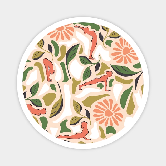 Sun Salutation- Gratitude Yoga in a Flower Garden- Peach Green on Light Apricot Magnet by Winkeltriple